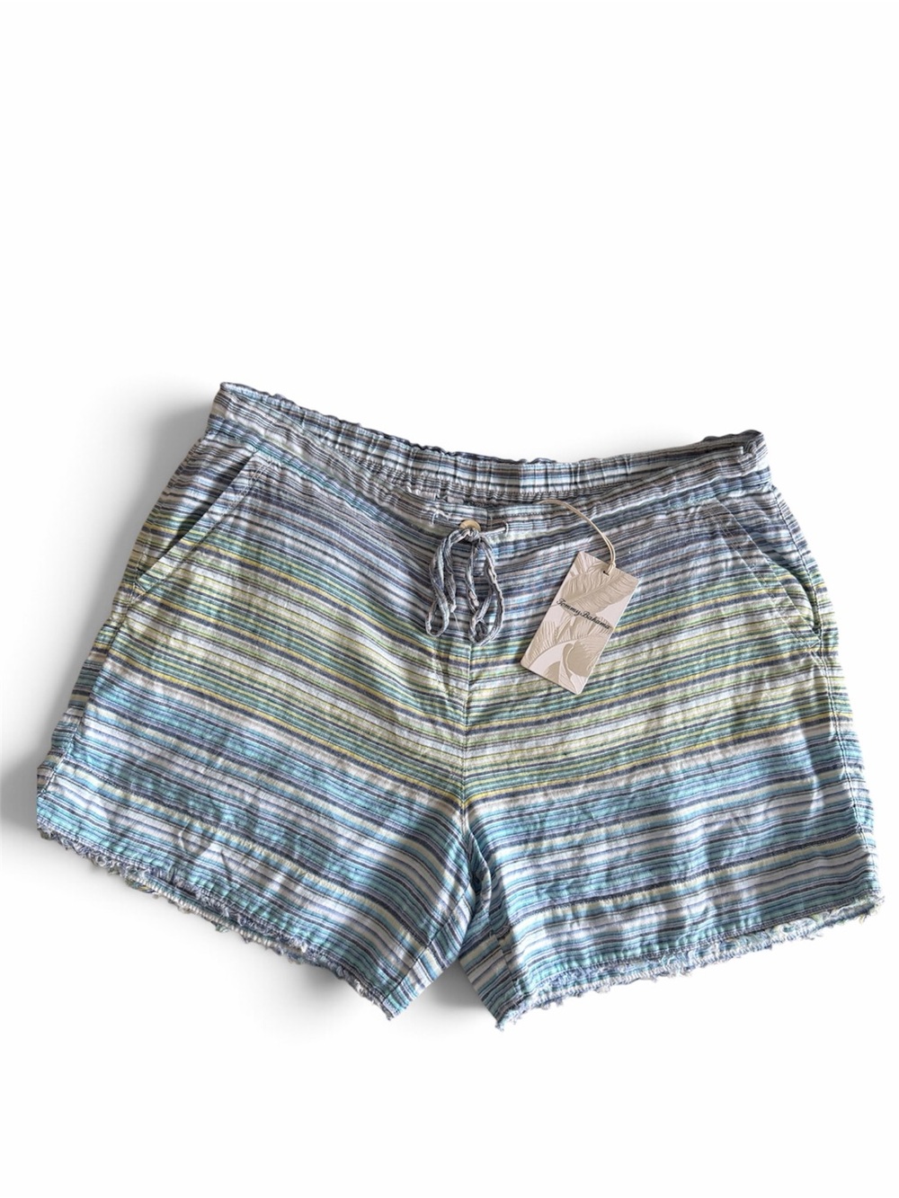 Tommy Bahama Women’s 100% Linen Striped Pull-On Shorts — Size L Blue Green Aqua